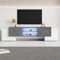 Abrihome Modern Media Unit With Led Lighting, 4 Doors & 2 Open Shelves, 180X40X46.5Cm, White & Grey - thumbnail 1