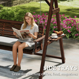 Outsunny 3 Seater Wooden Garden Swing Seat Chair With Side Trays And Cushion - thumbnail 6