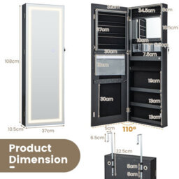 Costway 108Cm Jewelry Mirror Cabinet Lockable Jewelry Door & Wall Cabinet W/ Led Lights - thumbnail 2