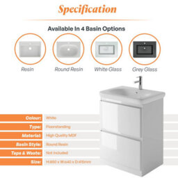 Plum&clay Marvel Gloss White Floor Standing Bathroom Vanity Unit With Round Resin Basin (W)600mm - thumbnail 5