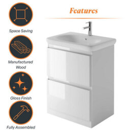 Plum&clay Marvel Gloss White Floor Standing Bathroom Vanity Unit With Round Resin Basin (W)600mm - thumbnail 6