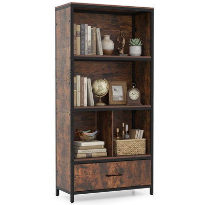 Gainoom 5-Tier Brown Bookshelf Industrial Freestanding Bookcase W/4 Storage Compartments & Large Fabric Drawer - image 1