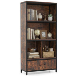 Gainoom 5-Tier Brown Bookshelf Industrial Freestanding Bookcase W/4 Storage Compartments & Large Fabric Drawer - thumbnail 1