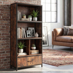 Gainoom 5-Tier Brown Bookshelf Industrial Freestanding Bookcase W/4 Storage Compartments & Large Fabric Drawer - thumbnail 3
