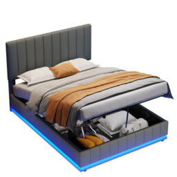 Btm Pu Leather Ottoman Double Bed With Led, Hydraulic Storage, Adjustable Channel Tufted Headboard, Grey - thumbnail 9