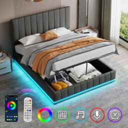 Btm Pu Leather Ottoman Double Bed With Led, Hydraulic Storage, Adjustable Channel Tufted Headboard, Grey