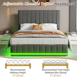Btm Pu Leather Ottoman Double Bed With Led, Hydraulic Storage, Adjustable Channel Tufted Headboard, Grey - thumbnail 7