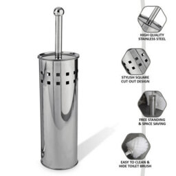 Modern Stainless Steel Toilet Brush & Holder  Chrome Square Cut-Out Design - thumbnail 3