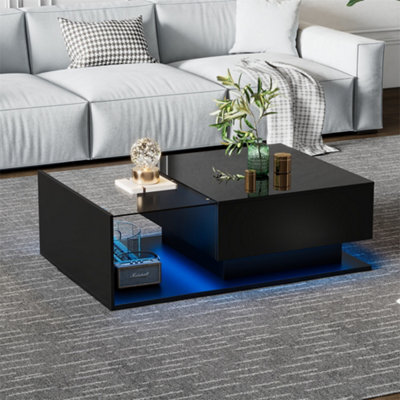 Abrihome Led Coffee Table, Modern High Gloss Coffee Table, Center Table With Glass, Modern Coffee Table For Living Room With Drawer (Black) - image 1