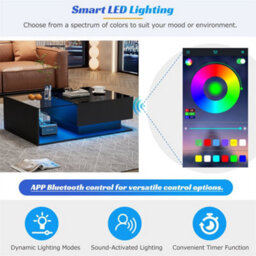 Abrihome Led Coffee Table, Modern High Gloss Coffee Table, Center Table With Glass, Modern Coffee Table For Living Room With Drawer (Black) - thumbnail 3