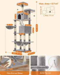 Songmics Cat Tree, Extra Tall Cat Furniture, Large Cat Condo, Cat Tower With Scratching Posts And Ramp, Multi-Tier, Light Grey - thumbnail 2