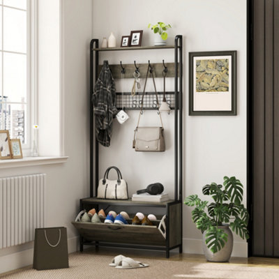 Homcom Industrial Hall Tree Coat Rack Stand With Shoe Cabinet Grey - image 1