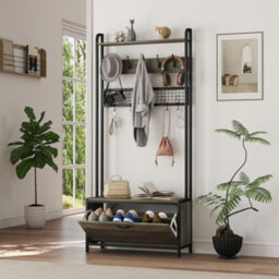 Homcom Industrial Hall Tree Coat Rack Stand With Shoe Cabinet Grey - thumbnail 9