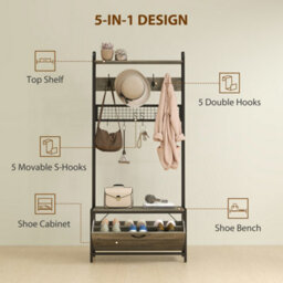 Homcom Industrial Hall Tree Coat Rack Stand With Shoe Cabinet Grey - thumbnail 4