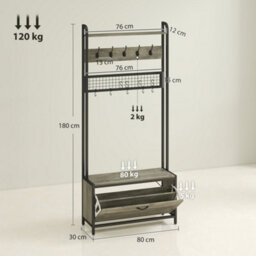 Homcom Industrial Hall Tree Coat Rack Stand With Shoe Cabinet Grey - thumbnail 3