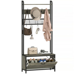 Homcom Industrial Hall Tree Coat Rack Stand With Shoe Cabinet Grey - thumbnail 2