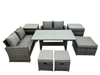 Fimous 7 Seater Wicker Pe Rattan Furniture Outdoor Dining Table Double Seat Sofa 2 Side Table 3 Stool Set Dark Grey Mixed - image 1