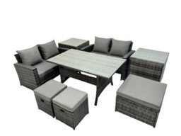 Fimous 7 Seater Wicker Pe Rattan Furniture Outdoor Dining Table Double Seat Sofa 2 Side Table 3 Stool Set Dark Grey Mixed - thumbnail 2