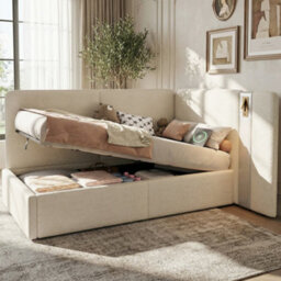 Matteo Single Upholstered Daybed - Beige Bouclé With Hydraulic Storage, Usb & Reading Lamp - thumbnail 3