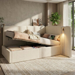 Matteo Single Upholstered Daybed - Beige Bouclé With Hydraulic Storage, Usb & Reading Lamp - thumbnail 4