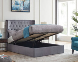Save On Goods UK 4Ft6 Double Grey Fabric Upholstered, Winged, Wing Back Headboard, Tall, Gas Lift Up Ottoman Bed Frame, Strong, Sturdy Bed Frame - thumbnail 1