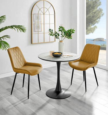 Furniturebox Elina White Marble Effect Round Pedestal Dining Table With Curved Black Support And 2 Mustard Velvet Pesaro Black Leg Chairs - image 1