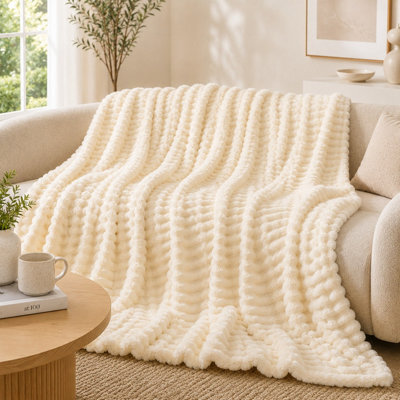 ARLinens Fluffy Fleece Blanket Ribbed For Bed Throw Blanket Reversible Multi Sizes 350Gsm (Cream, Single) - image 1