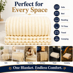 ARLinens Fluffy Fleece Blanket Ribbed For Bed Throw Blanket Reversible Multi Sizes 350Gsm (Cream, Single) - thumbnail 3
