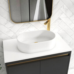 Royal Bathrooms Orion 800mm Matt Obsidian Black Wall Hung Plain White Countertop Vanity Unit 2 Drawer With Peak Basin & Brushed Brass Accent Trim - thumbnail 5