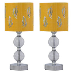 First Choice Lighting Set Of 2 Chrome Two Ball Table Lamps With Ochre Mustard Fern Shades - thumbnail 1