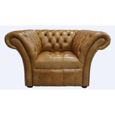 Chesterfield Armchair Buttoned Seat Old English Aniline Tan Leather In Balmoral Style - image 1