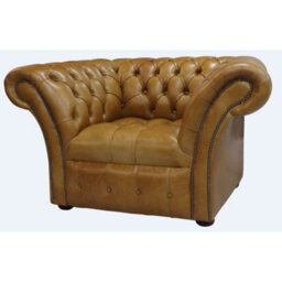 Chesterfield Armchair Buttoned Seat Old English Aniline Tan Leather In Balmoral Style - thumbnail 3
