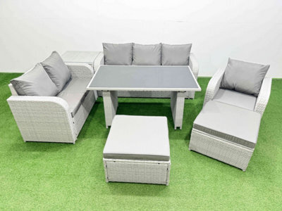Fimous Rattan Outdoor Table Reclining Chair Sofa Set With Side Table 2 Big Stools Light Grey 8 Seater - image 1