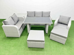 Fimous Rattan Outdoor Table Reclining Chair Sofa Set With Side Table 2 Big Stools Light Grey 8 Seater - thumbnail 2