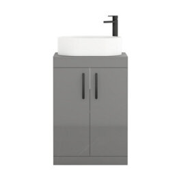 Royal Bathrooms Turin 600mm Freestanding Bathroom Vanity Unit With Sink 2 Door Indigo Grey Gloss & Peak Countertop Basin - thumbnail 5