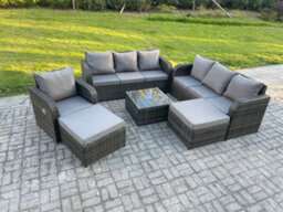 Fimous 9 Seater Outdoor Rattan Garden Furniture Set Conservatory Patio Sofa Coffee Table With 2 Big Footstool Dark Grey Mixed - thumbnail 1
