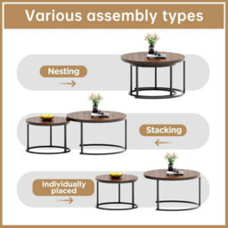 Xample Rustic Round Wooden Nesting Coffee Table Set Of 2 Space Saving Wooden Tables With Metal Frame For Living Room, Bedroom & Office - thumbnail 5