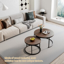 Xample Rustic Round Wooden Nesting Coffee Table Set Of 2 Space Saving Wooden Tables With Metal Frame For Living Room, Bedroom & Office - thumbnail 3