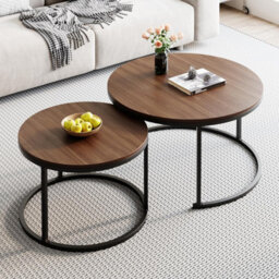 Xample Rustic Round Wooden Nesting Coffee Table Set Of 2 Space Saving Wooden Tables With Metal Frame For Living Room, Bedroom & Office - thumbnail 2