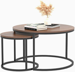 Xample Rustic Round Wooden Nesting Coffee Table Set Of 2 Space Saving Wooden Tables With Metal Frame For Living Room, Bedroom & Office - thumbnail 7