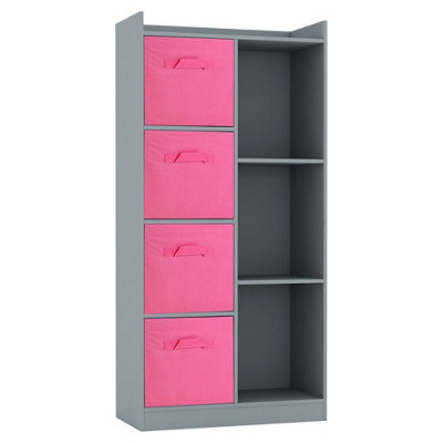 Urbn-Living Urbnliving Height 128Cm Wooden Grey 7 Cube Bookcase With Dark Pink Drawers Tall Shelving Display Storage Unit Cabinet - image 1