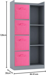 Urbn-Living Urbnliving Height 128Cm Wooden Grey 7 Cube Bookcase With Dark Pink Drawers Tall Shelving Display Storage Unit Cabinet - thumbnail 2