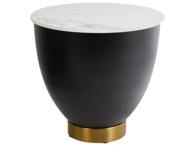 Wyld And Coco 48Cm Round Side Table With White Sintered Stone Top, Black Metal Base And Gold Accent - Hidden Storage - image 1
