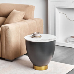 Wyld And Coco 48Cm Round Side Table With White Sintered Stone Top, Black Metal Base And Gold Accent - Hidden Storage - thumbnail 2