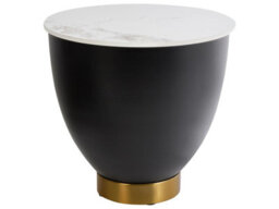 Wyld And Coco 48Cm Round Side Table With White Sintered Stone Top, Black Metal Base And Gold Accent - Hidden Storage - thumbnail 1