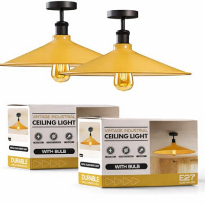 Pack Of 2 E27 Semi Flush Fitting Ceiling Light Fixture With 40Cm Yellow Shade Easy Fit Vintage Ceiling Lamp For Bedroom - image 1
