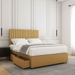 REGIONAL FURNISHINGS Divan Bed Set Mustard Plush Velvet Upholstered With 24Inch Headboard 2Drawersfootend & Mattress In 4Ft 4Ft6 5Ft 6Ft Sizes