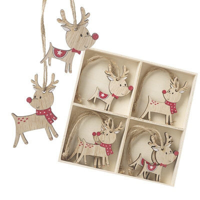 Heaven Sends Christmas - Set Of 8 Wooden Reindeer Christmas Tree Decorations With Twine Hangers