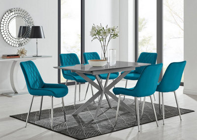 Furniturebox Uk Lira 100Cm Grey Metal Extending Dining Table & 6 Blue Pesaro Silver Chairs - image 1