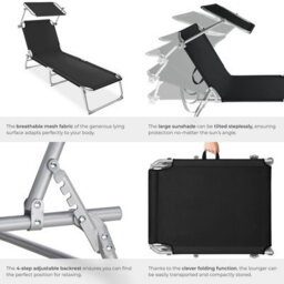 Tectake 1 Sun Lounger - Foldable, Adjustable Sunshade And 4-Step Backrest - Black - thumbnail 5